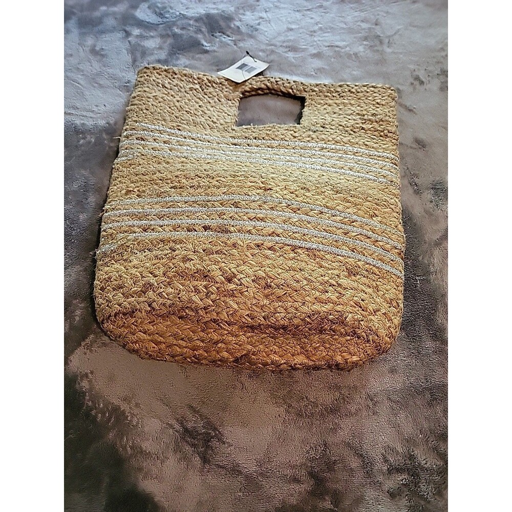 Magid Straw Silver Strips Beach Bag Purse Beachy Longan Look NWT